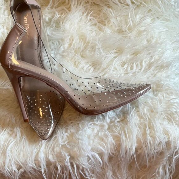 NUDE & CLEAR HEELS IN SIZE 9 1/2 BY TORTA CALIENTE WITH JEWELS ON UPPER - Picture 6 of 12
